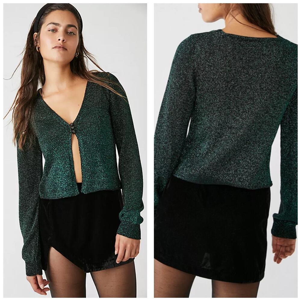 NWT Free People Emmaline Green Metallic Cardigan Size Small Knit Holiday